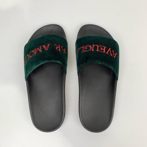 NIB Gucci Pursuit Embroidered Velvet Pool Slide Sandal, Black In Green Size 37 - Picture 5 of 14